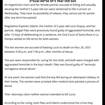Argentina Mom And Her Female Partner Sentenced In Murder & S*xual Ab*se Of 5 Year Old Son