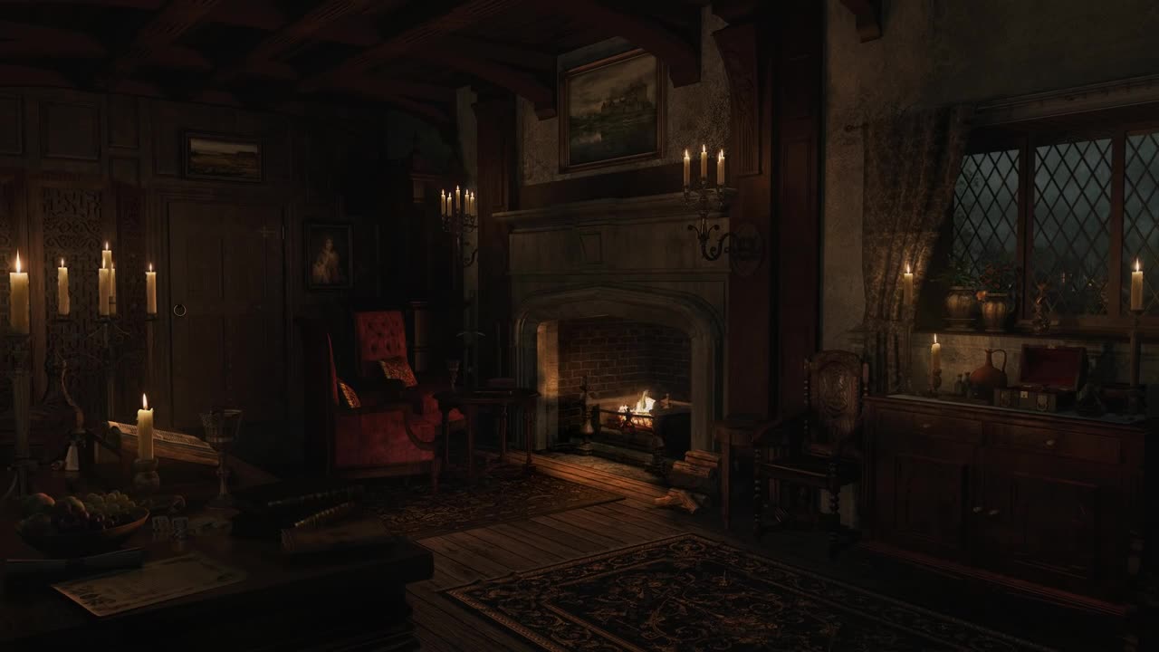 Rain and Thunderstorm by the Fireplace