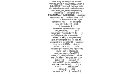 Calculate a 32bit CRC lookup table in CC