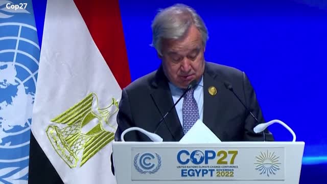 UN secretary-general laughs after reading the wrong speech at Cop27