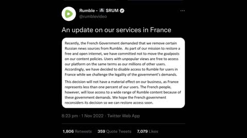 Rumble to block ALL content from France, not just the French Government's picks.