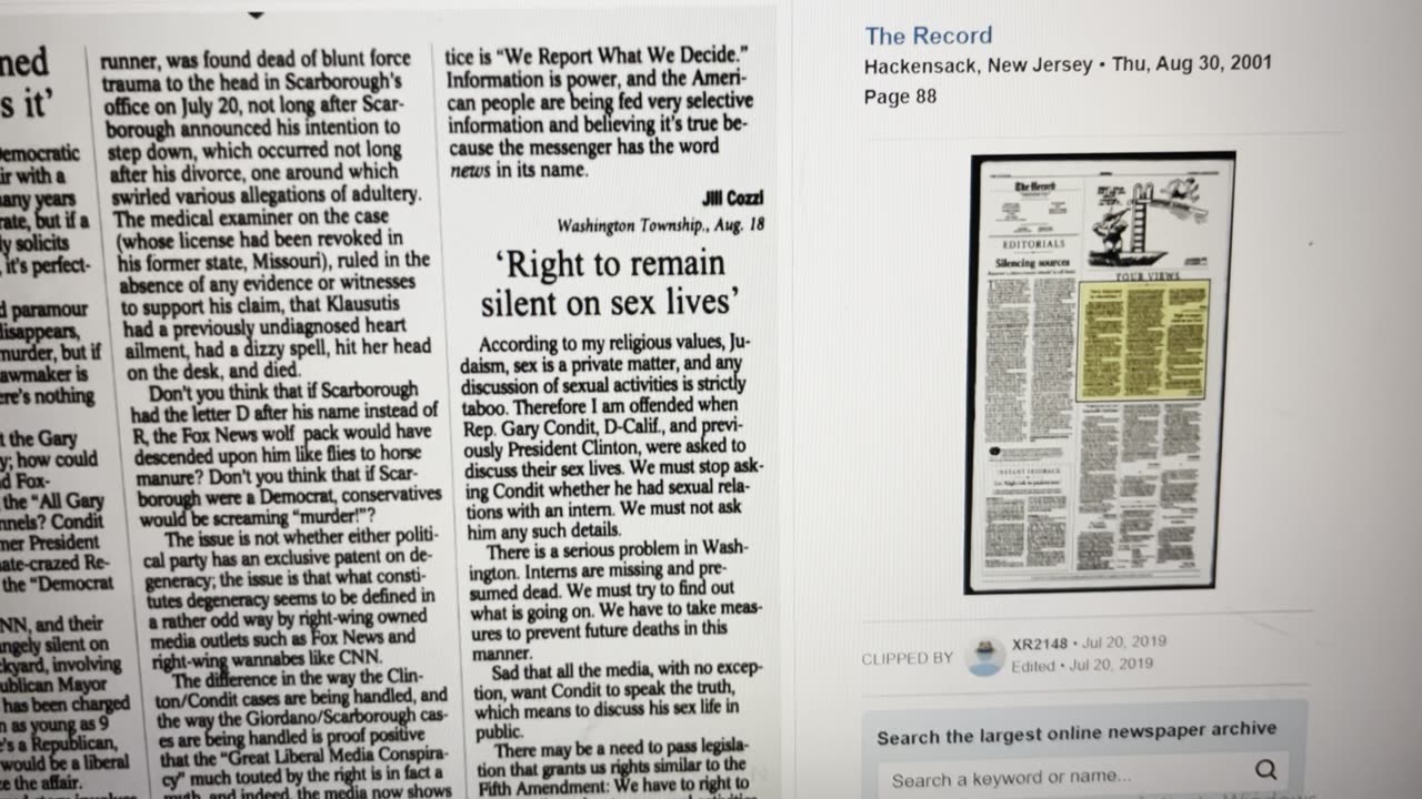 Joe Scarborough & intern article The Record 8/30/01