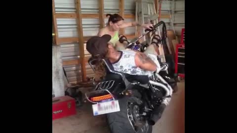 Sleeping man on motorcycle gets scare prank