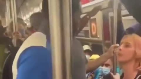 Black man beats white woman on train