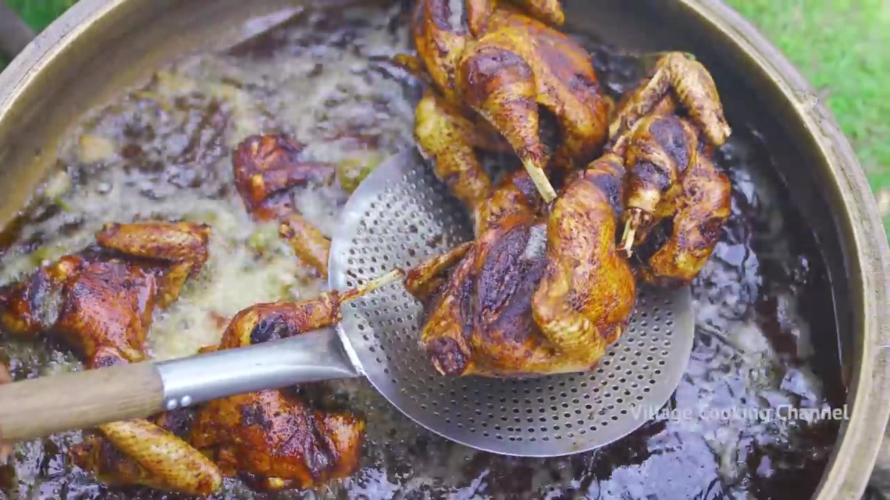 Preparing a Whole Fried Chicken in a Traditional Indian Village Recipe