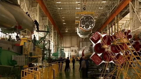 The expedition 43 soyuz spacecraft is prepared for launch