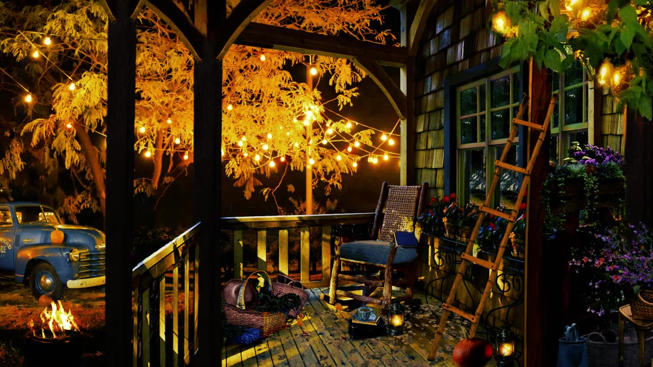 Cozy Autumn Porch Ambience - Fireplace & Nature Sounds with your dog / Fall Cabin Birds and Crickets