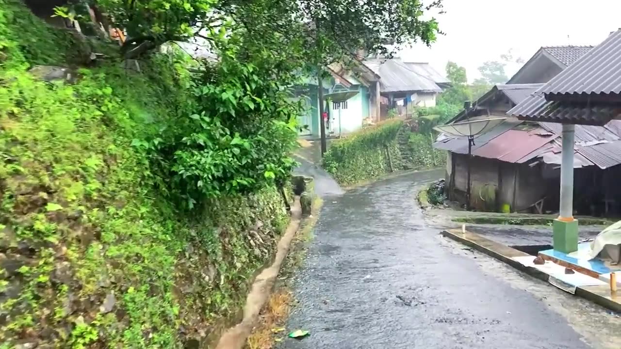 Heavy Rain in the cold village on the hill __indonesian Village.