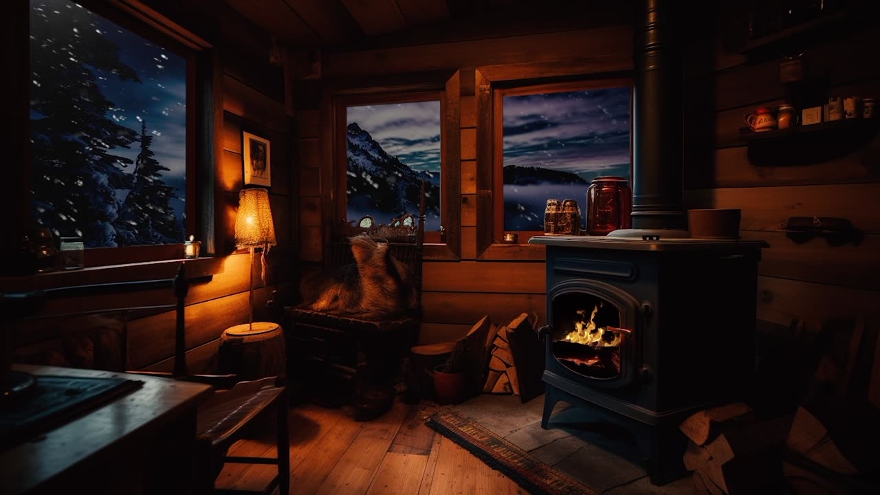 🔥Woodstove in a Cabin Snowy Night🔥