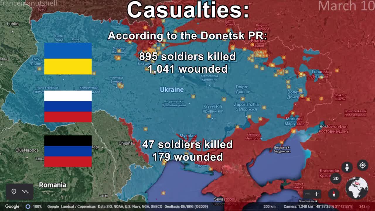 Russo-Ukrainian War 10th of March Mapped using Google Earth