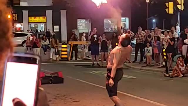 Man breathes fire then does joker impression