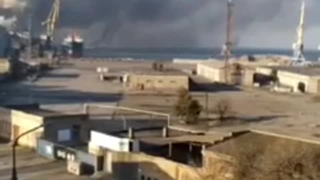 Port of Berdyansk. Several explosions are reported, followed by a fire