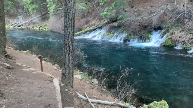 Epic Approach to Waterfall Section of Aquamarine Metolius River – Central Oregon – 4K