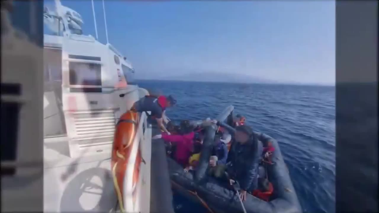 Shows how masked men onboard the Greek coast guard