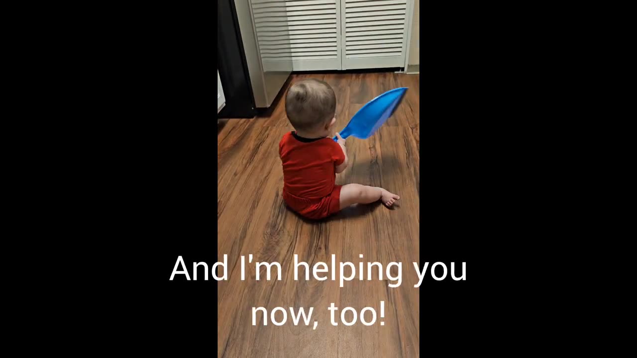 Baby boy explains to his mom how he's helping her clean