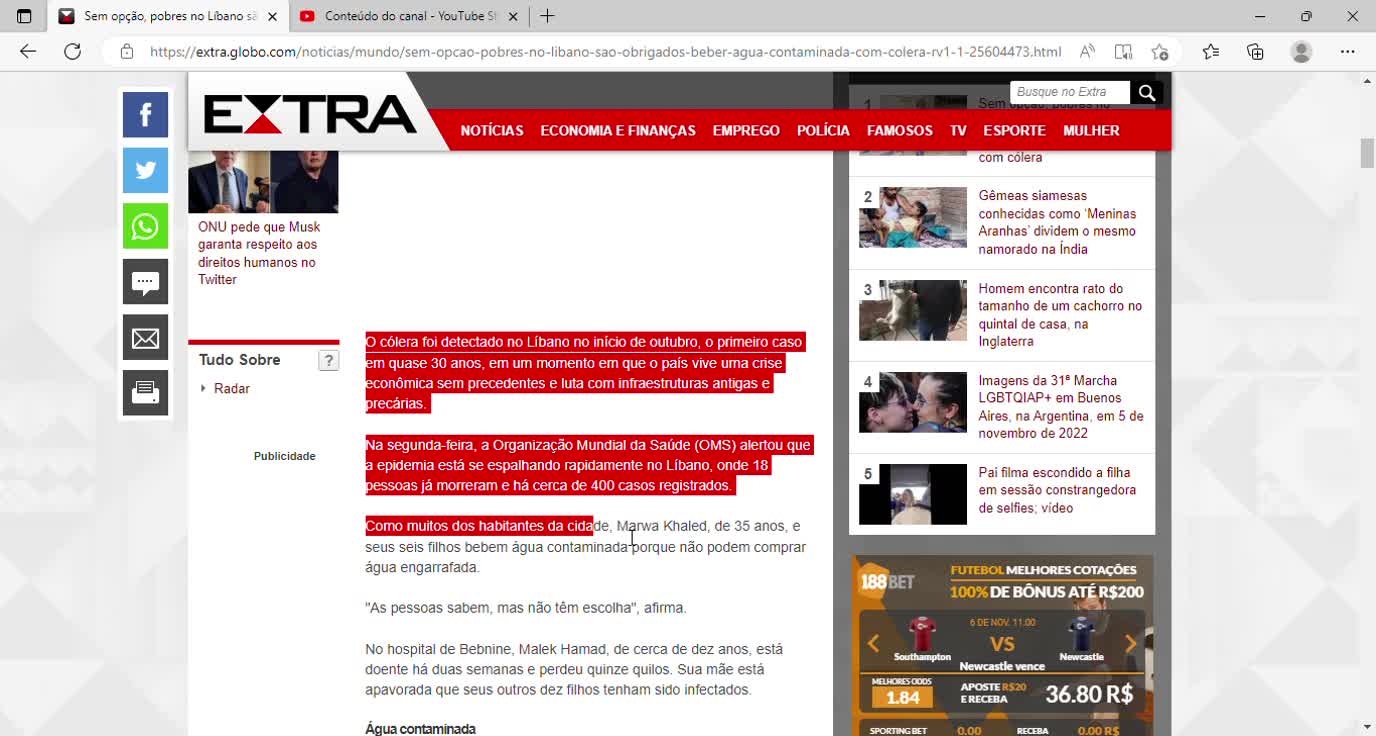 Sem opção, pobres no Líbano são obrigados a beber água contaminada com cólera