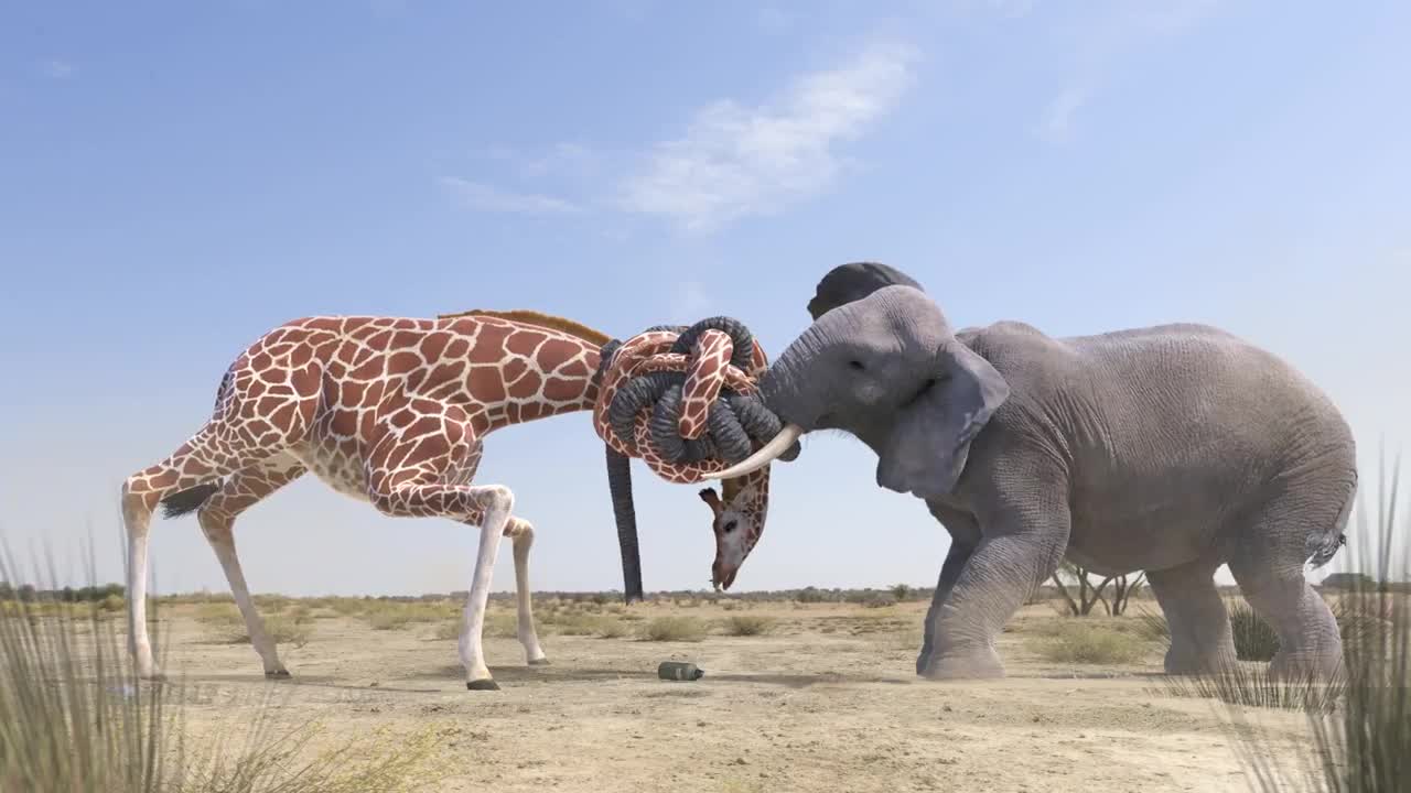 Elephant vs Giraffe Water Fight