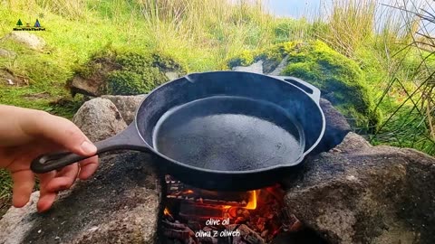 Crispy sea dish with bacon cooked in nature! ASMR cooking