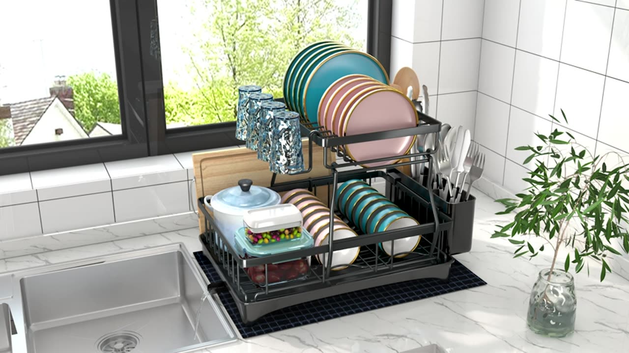 Godboat Dish Drying Rack with Drainboard, 2-Tier Dish Racks for Kitchen Counter,