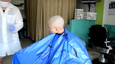 Punished girl shaved by old barber