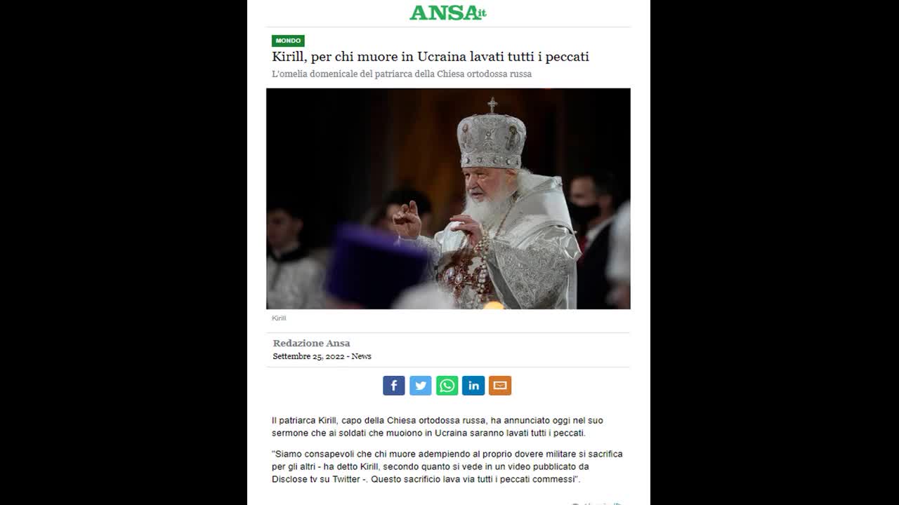 Patriarca Kirill: Chi muore in guerra lava i peccati!