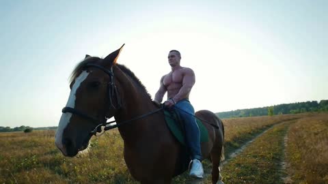 Young attractive man with powerful biceps rides a beautiful horse