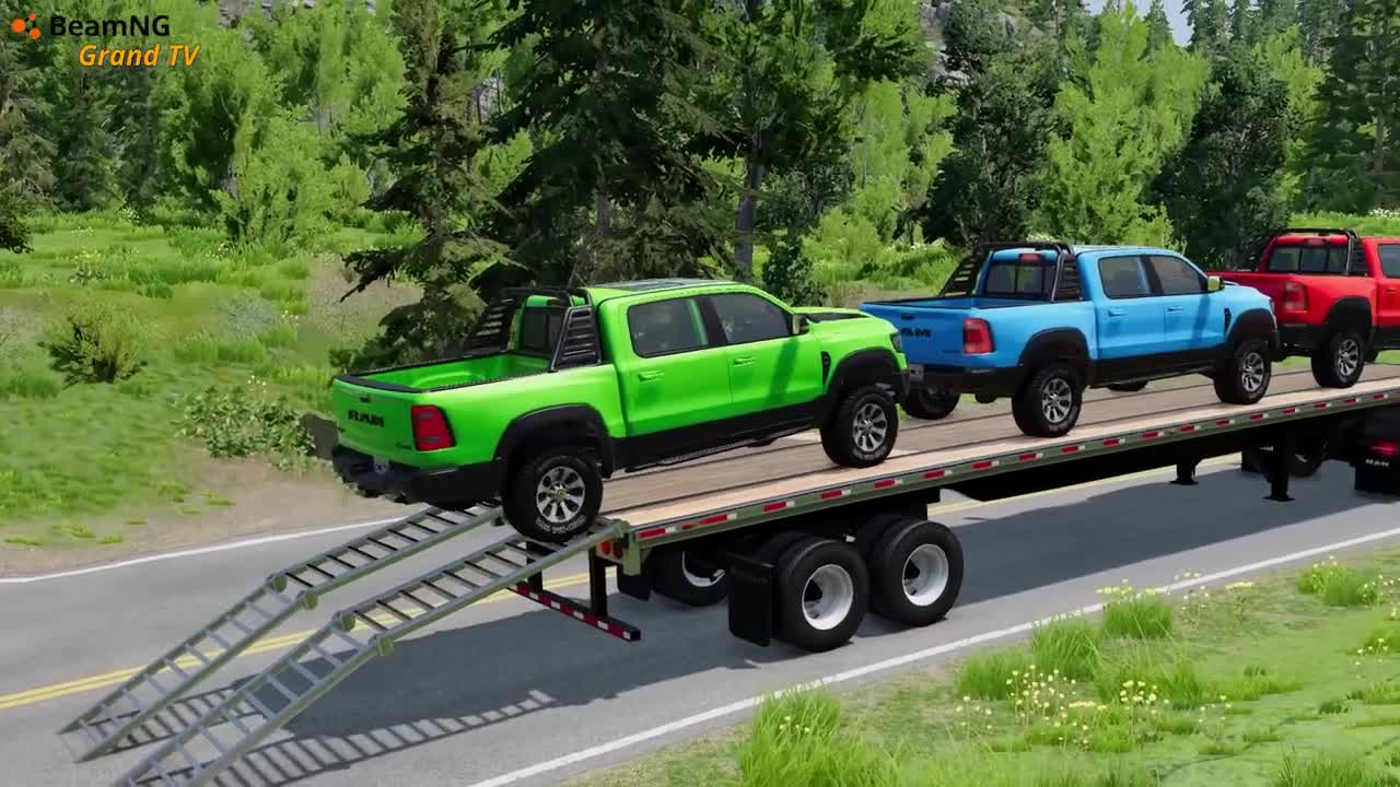 Flatbed Trailer Cars Transportation with Truck - Car vs Speed Bump - BeamNG.Drive