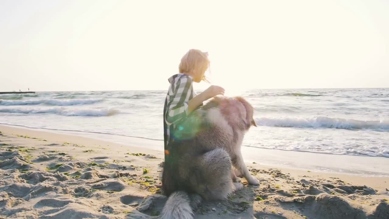 Young female hugging with siberian husky dog on the beach at sunrise