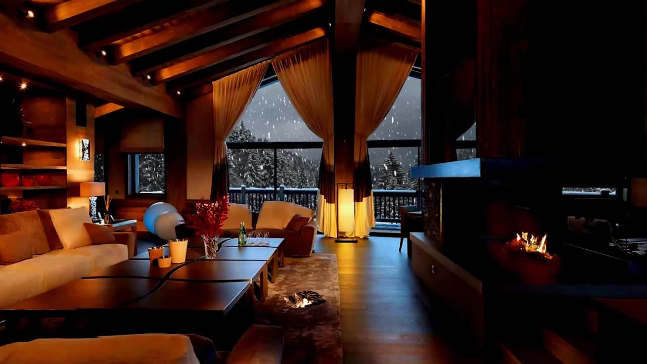 Winter Cozy Porch in Mountains with Bonfire, Snow Falling & Blizzard Sounds