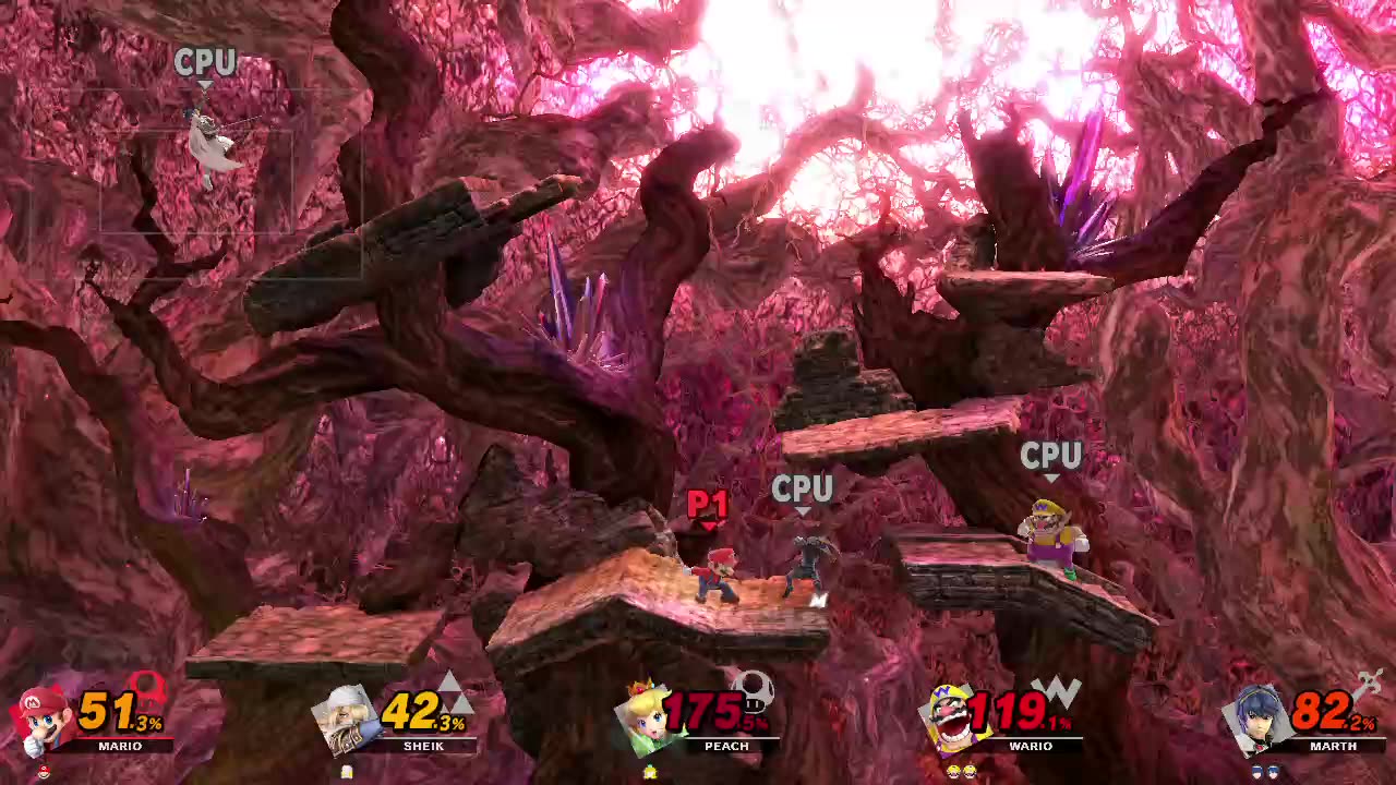 Mario Vs Sheik Vs Peach Vs Wario Vs Marth on Reset Bomb Forest (Super Smash Bros Ultimate)