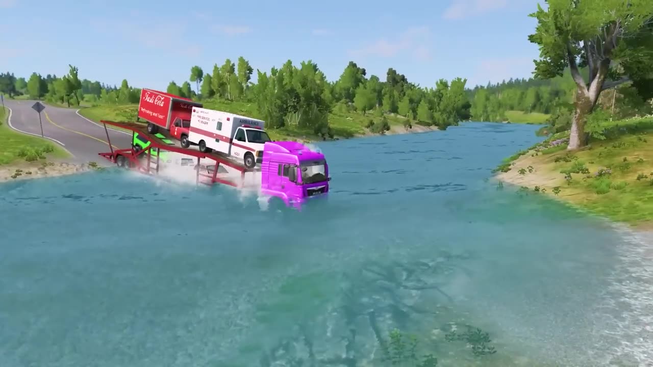 Double Flatbed Trailer Truck vs Speedbumps Train vs Cars Beamng.Drive