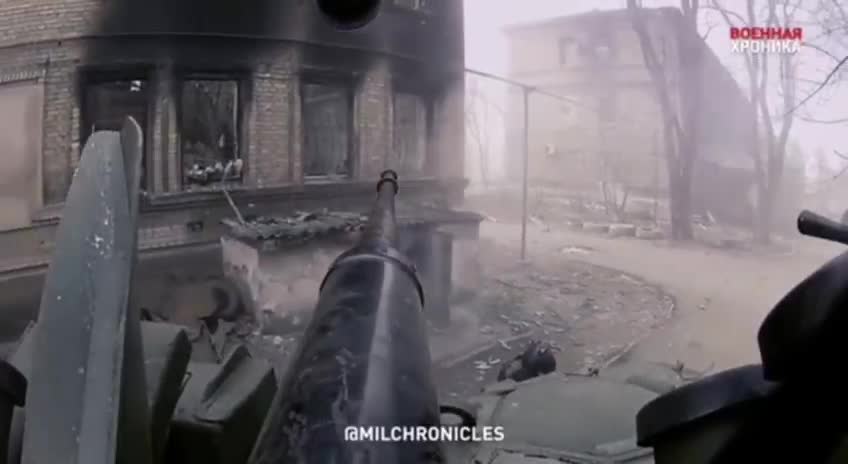 BTR-82 of the RF Armed Forces work out the firing points of Azov militants in buildings from the 30-mm automatic gun 2A7