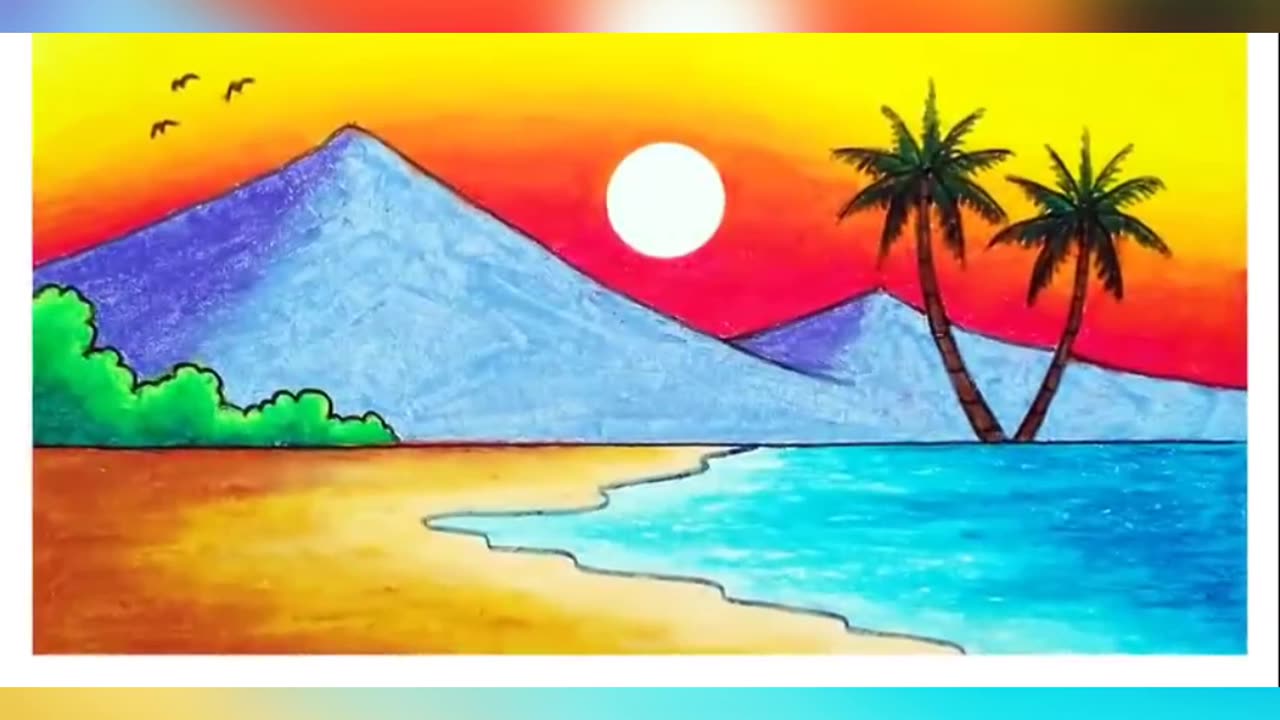 How to draw Beautiful Sunset in the beach | Easy drawing |Scenery Drawing