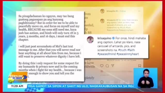 FRONTLINE SA UMAGAKris Aquino, kinumpirmanghiwalay na sila ni Mel Sarmiento