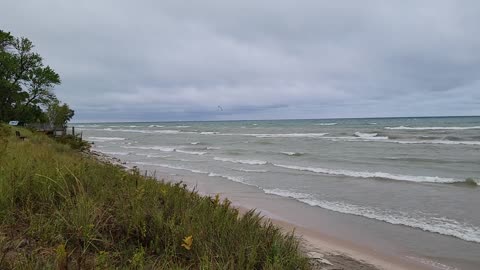 Rolling waves on Lake Michigan on a rainy and windy day