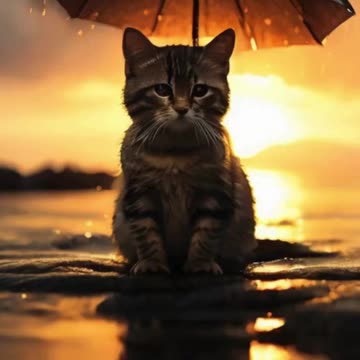 silhouette of a cute little cat with the rainy sunset coast