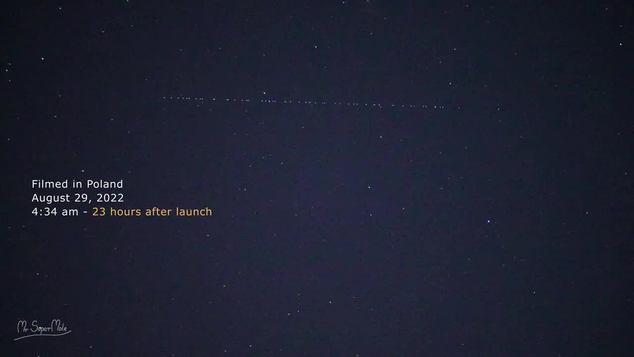 SpaceX Starlink Satellites Train (G4-23) near Mars and Pleiades - August 29, 2022