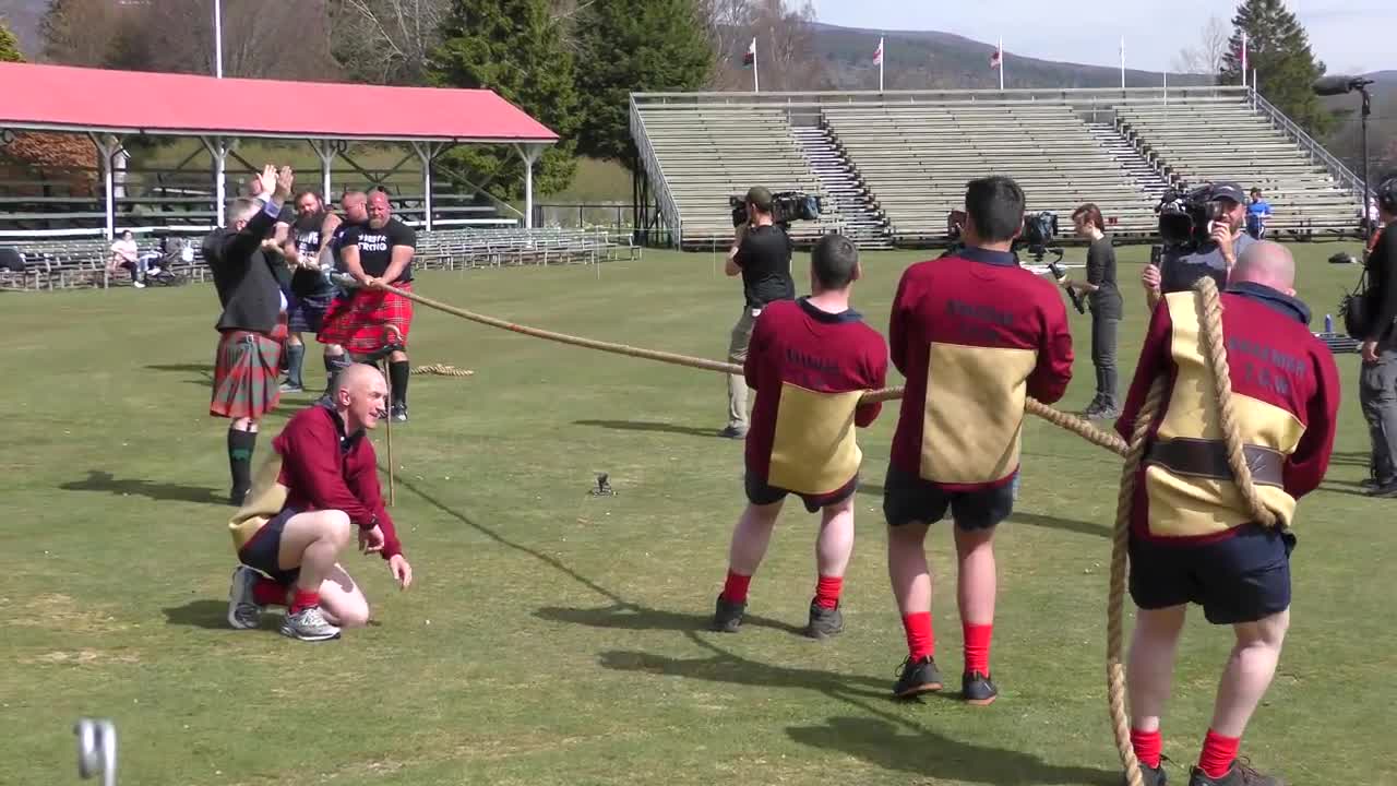 World's Strongest Men in a Tug o' War Challenge at Braemar Gathering Highland Games site in Scotland