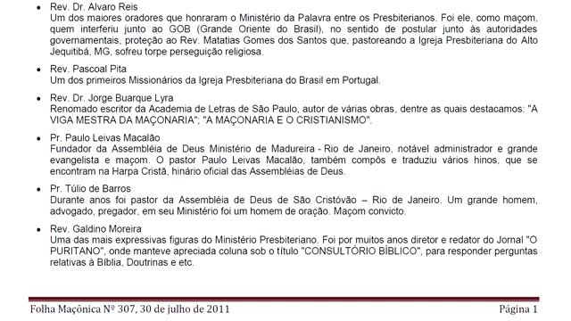 Assembleia de Deus e Presbiteriana de Mãos Dadas com a Maçonaria