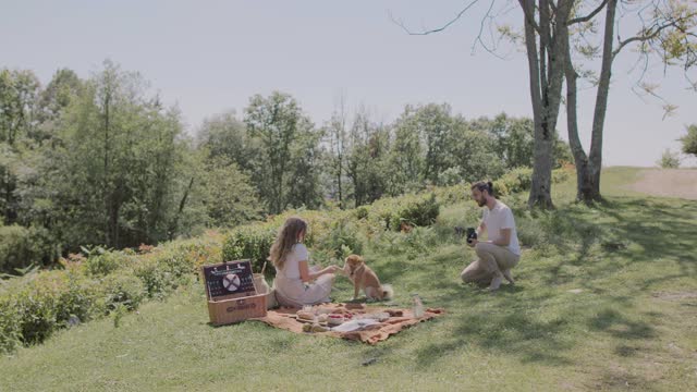 A Couple Having Picnic With Their Dog On A Hilltop