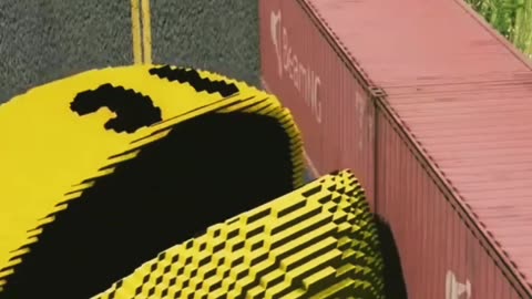 Giant bollard pushing funy cars driving on container bridge in the pac man