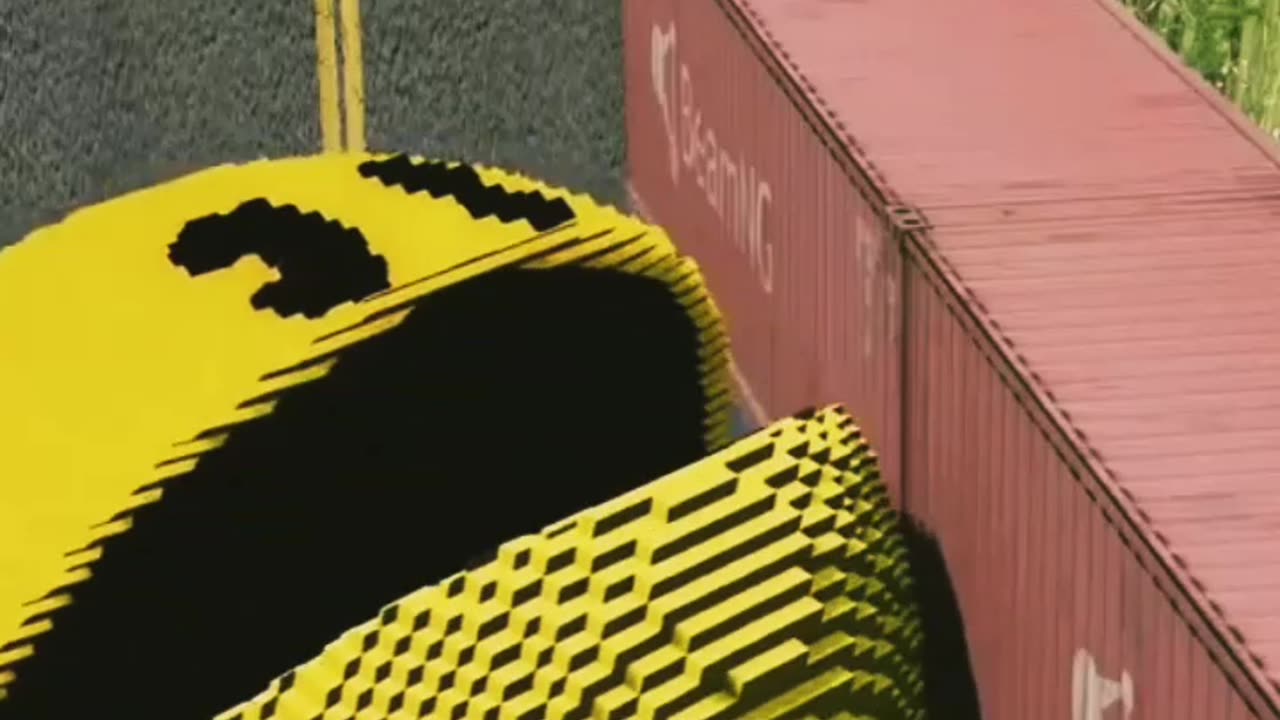 Giant bollard pushing funy cars driving on container bridge in the pac man