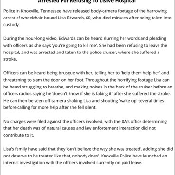 Disabled Woman Dies Of Stroke In Back Of Cop Car After Being Arrested For Refusing To Leave Hospital