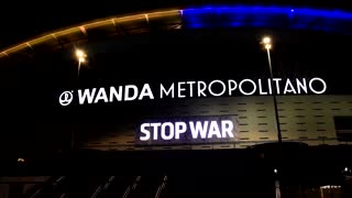 Atletico Madrid's stadium lights up in Ukrainian flag