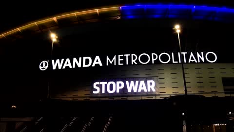 Atletico Madrid's stadium lights up in Ukrainian flag