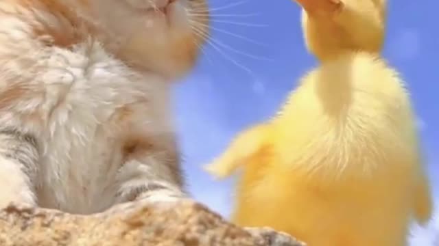 Kitten and duckling friendship