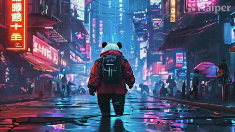Panda walking in cyberpunk city