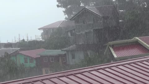 Nature sounds - heavy rainfall on the roof top with relaxing music for sleep