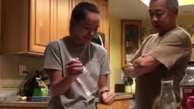 Dad gets fooled by water bottle magic trick 😂🤣