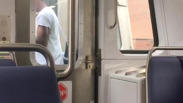 Guy standing outside between two subway carts trains